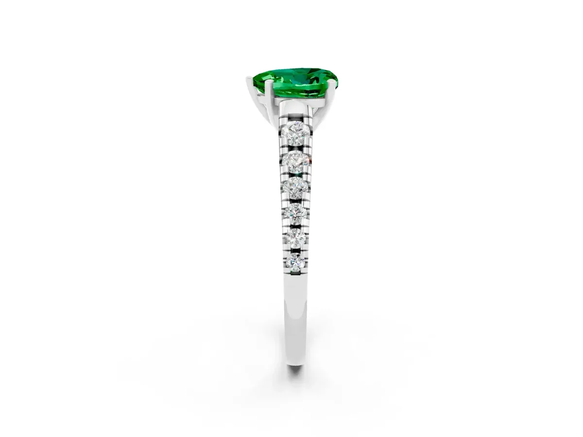 Heart Cut Emerald Cathedral Solitaire Ring with Round Pavé Band Silver