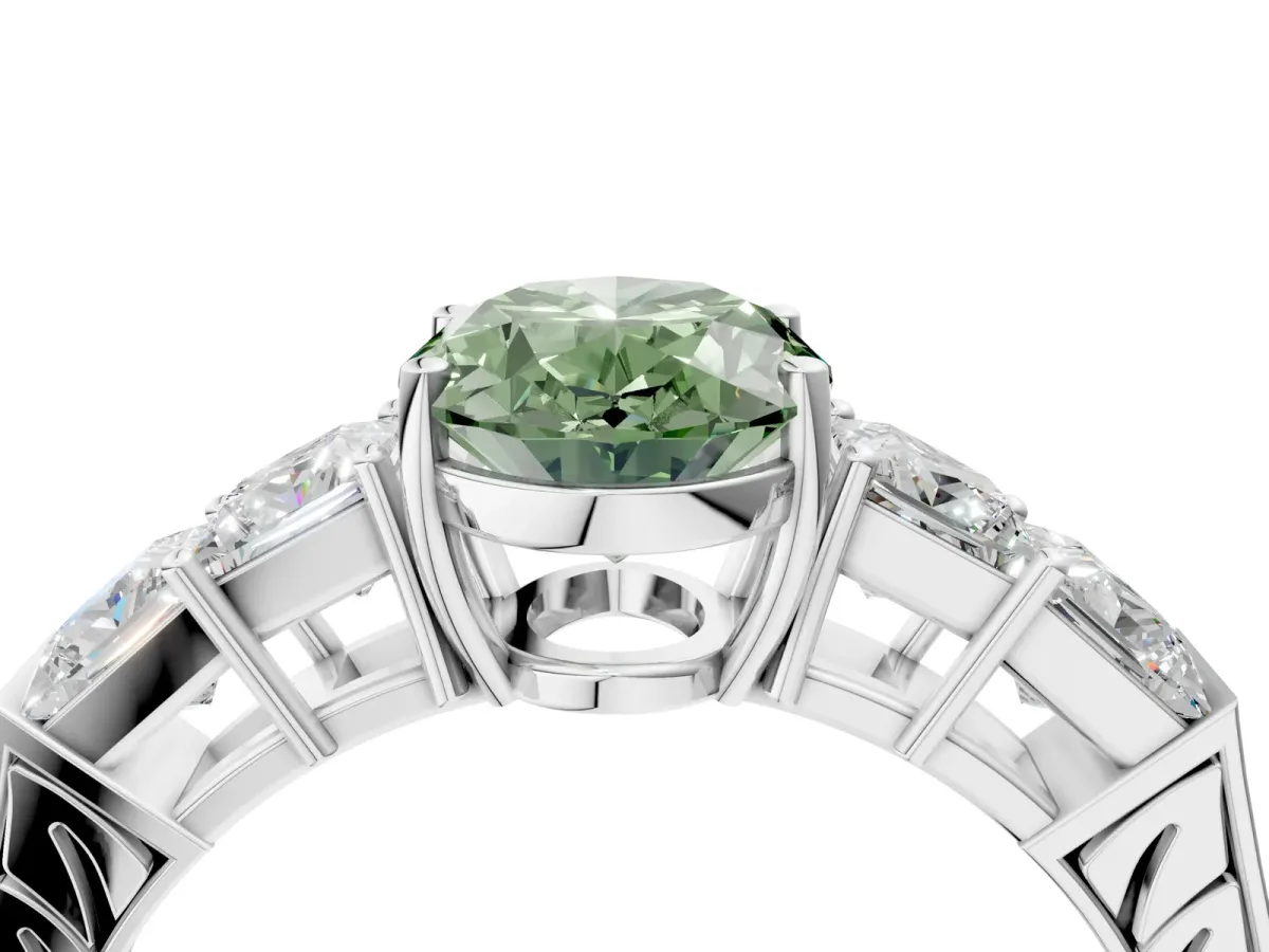 Fancy Green Oval Cut Solitaire Princess Side Stone Engraved Band Prong Setting Ring Silver