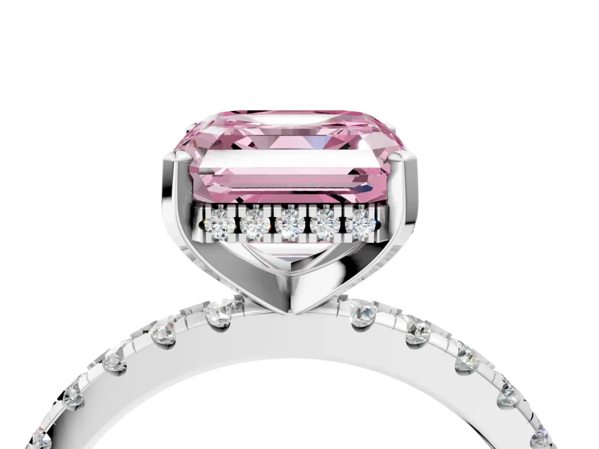 Fancy Pink Asscher Cut Diamond Solitaire Ring with Round Pavé Band and Four-Prong Setting Silver