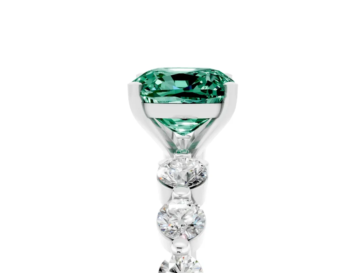 Cushion Cut Solitaire Green Sapphire Ring with Pave Band and Four-Prong Setting Silver