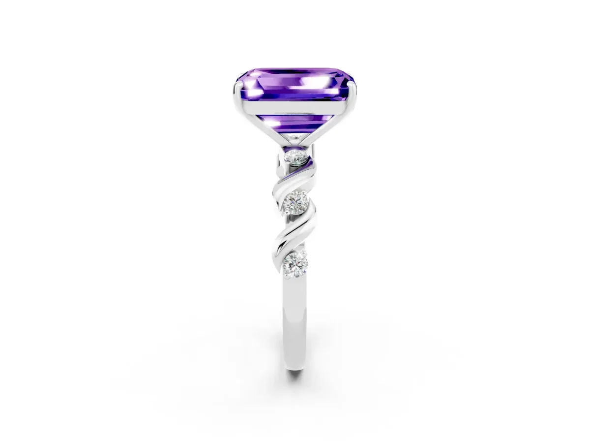Emerald Cut Tanzanite Solitaire Twisted Band with Round Accents and Prong Setting Silver