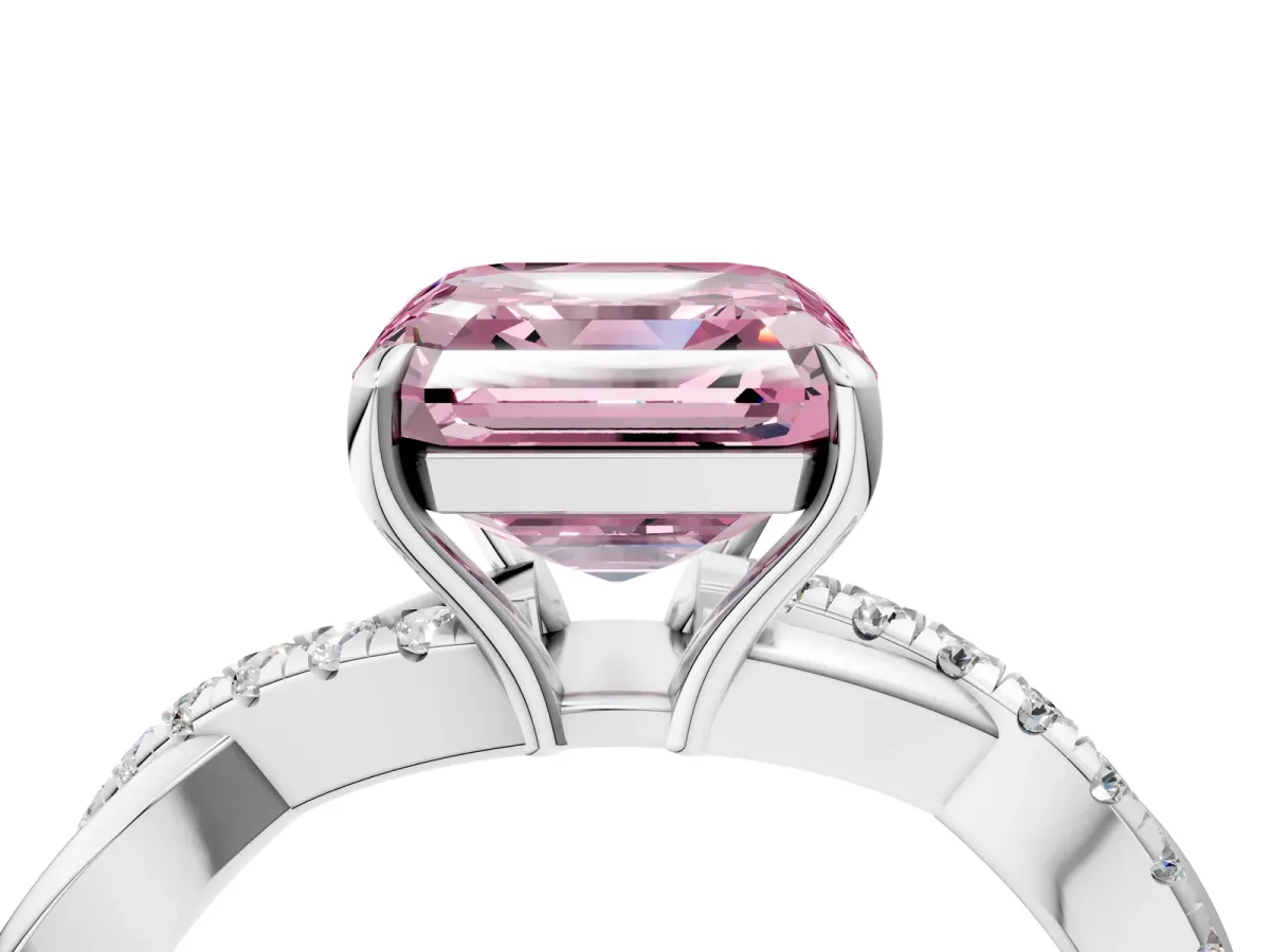 Fancy Pink Asscher Cut Cut Diamond Twisted Band with Pavé Setting and Four-Prong Setting Platinum