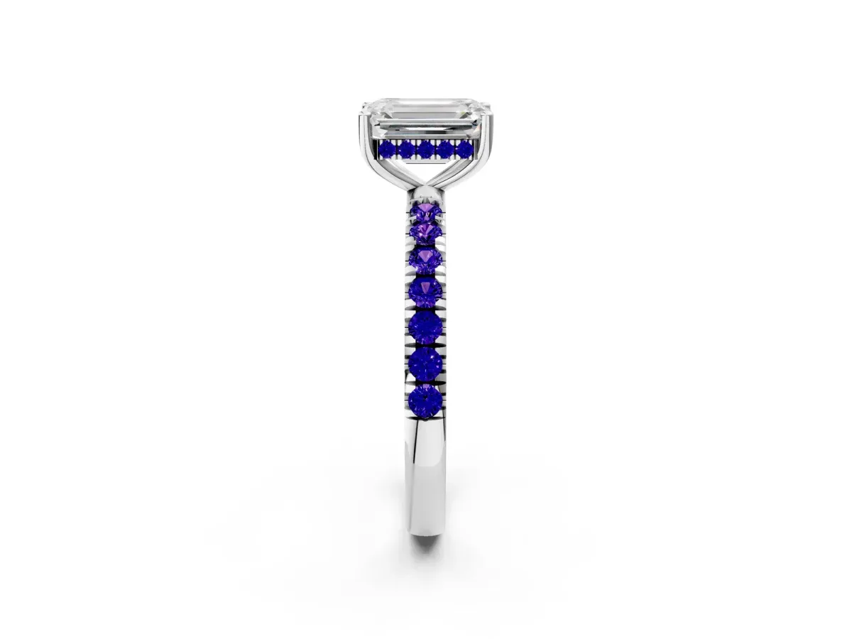 Emerald Cut Diamond Pave Band Solitaire Ring with Round Tanzanite and Prong Setting Platinum