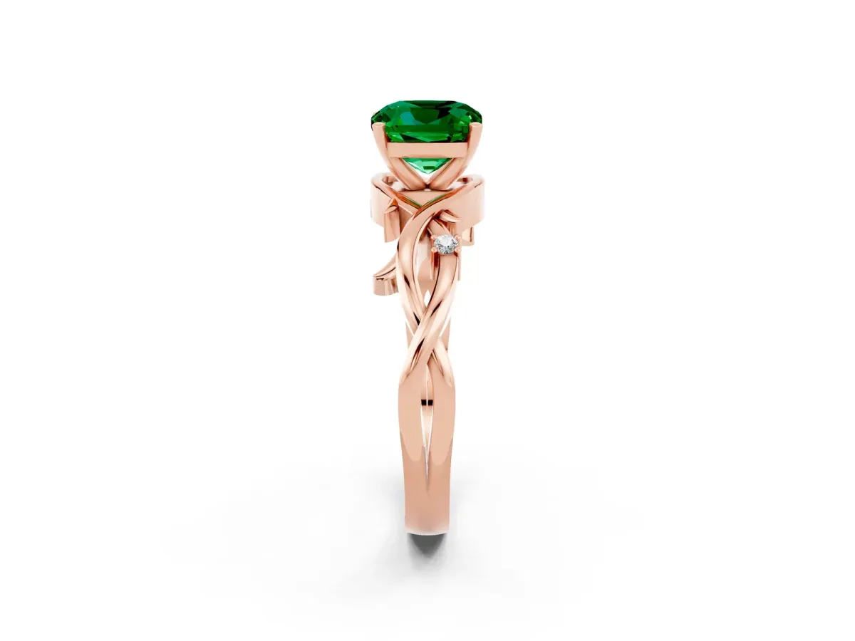 Cushion Cut Emerald Solitaire Ring with Twisted Band and Prong Setting Rose gold