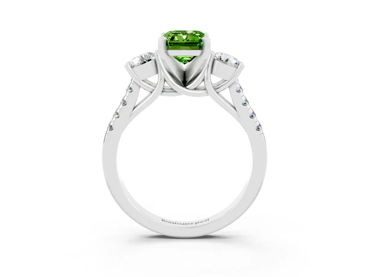 Three-Stone Emerald Cut Peridot Pavé Band with Four-Prong Setting Silver