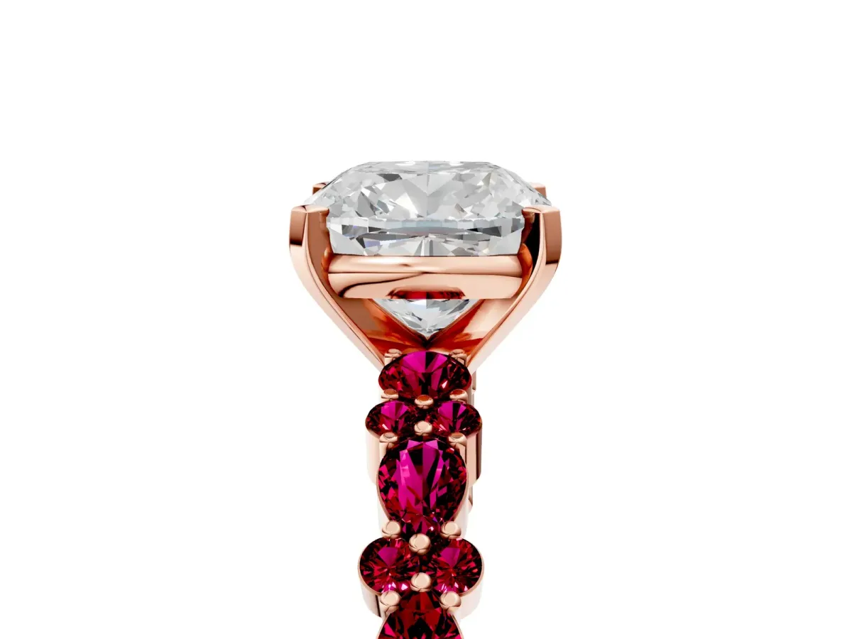 Cushion Cut Diamond Side Stone Solitaire Ring with Round Garnet and Four-Prong Setting Rose gold