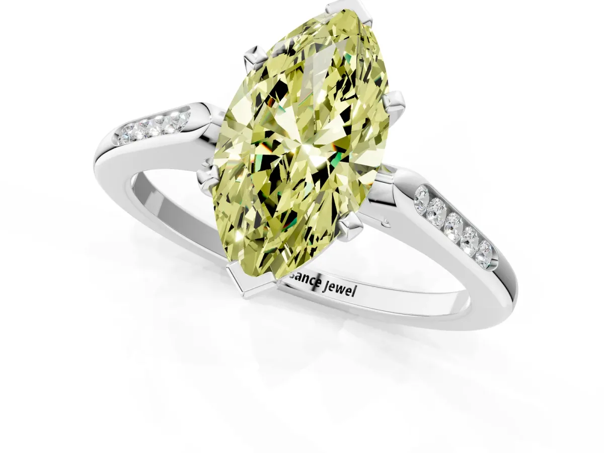 Fancy Yellow Marquise Cut Diamond Solitaire Ring with Channel Set Round Band and Prong Setting Silver