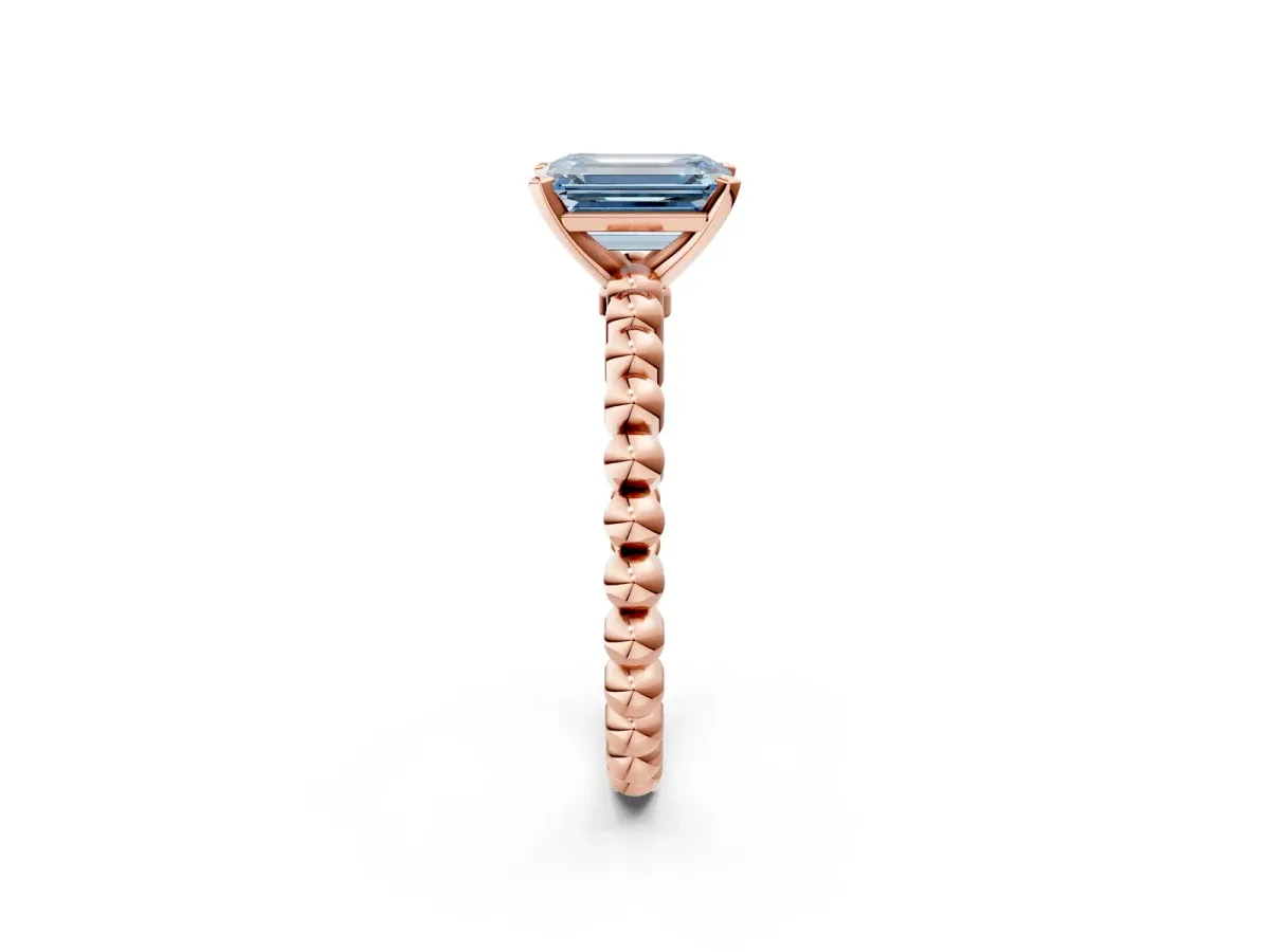 Fancy Blue Emerald Cut Diamond Solitaire Ring with Beaded Band and Prong Setting Rose gold