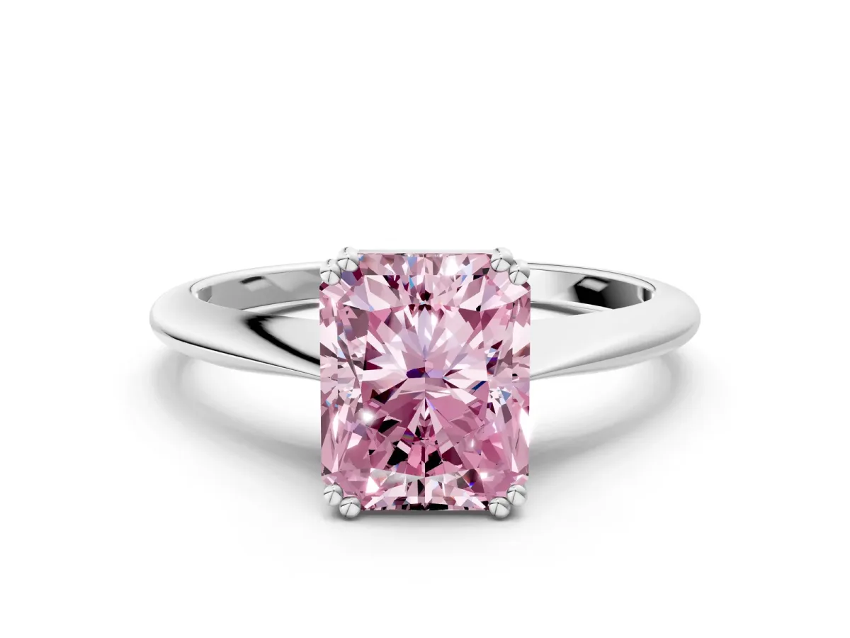 Fancy Pink Radiant Cut Solitaire Diamond Ring with Six-Prong Setting and Classic Band Platinum