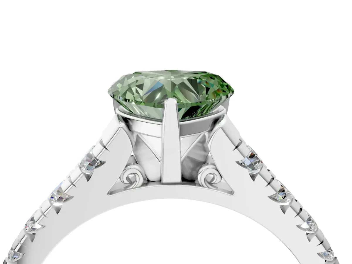Fancy Green Heart Cut Diamond Cathedral Solitaire Ring with Round Pavé Band Silver