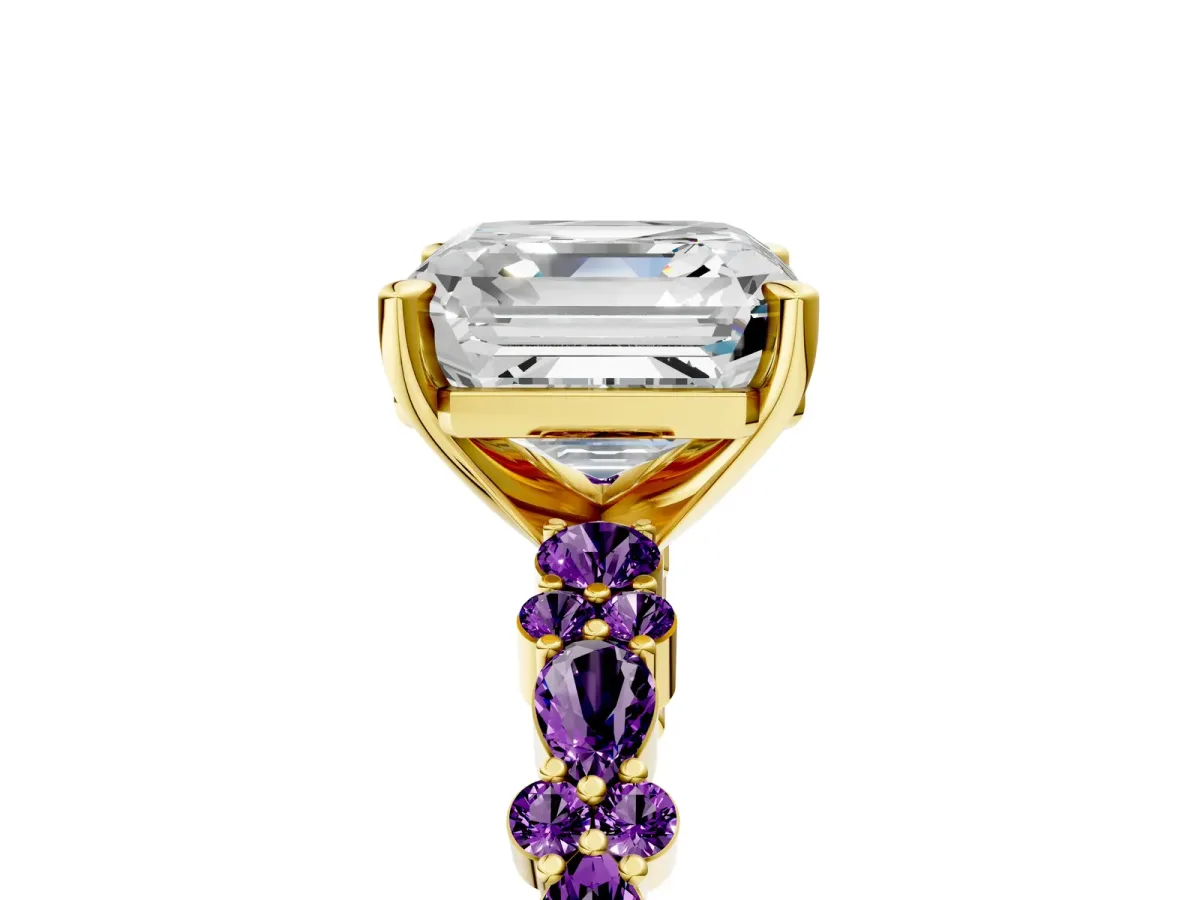 Asscher Cut Diamond Side Stone Solitaire Ring with Round Amethyst and Four-Prong Setting Yellow gold
