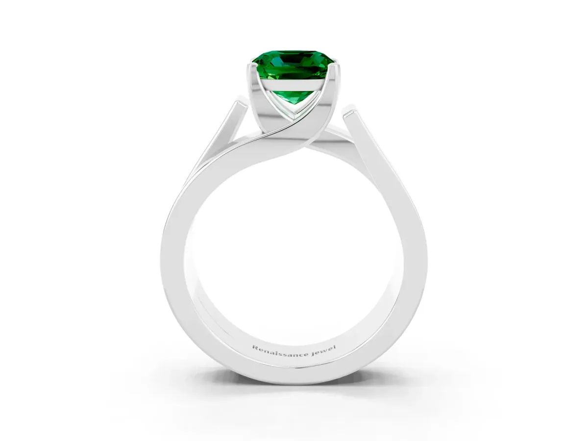 Modern Tension Set Cushion Cut Emerald Solitaire Wide Band Ring Silver