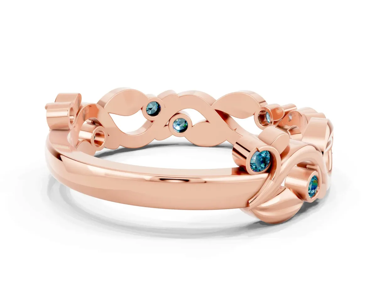 Round Blue Topaz Leaf Eternity Band with Bezel Setting Rose gold