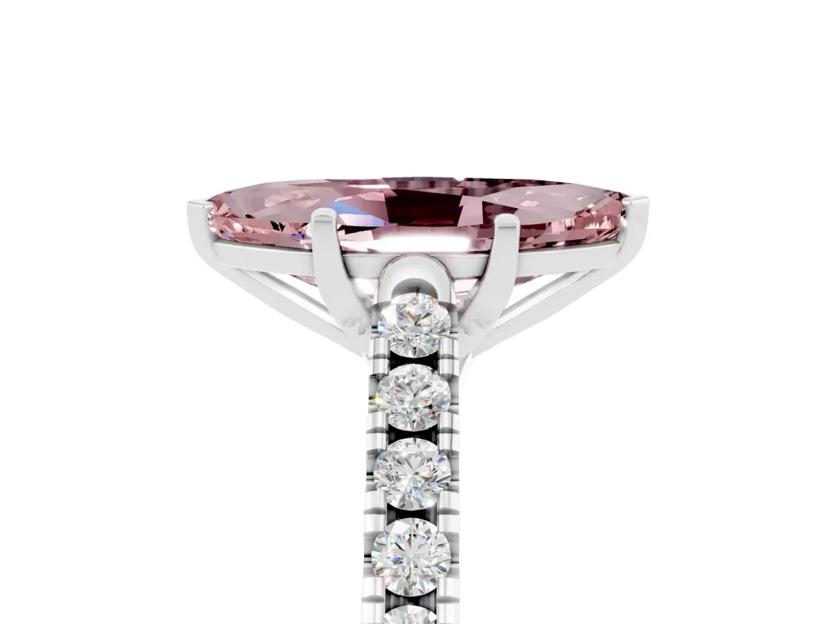 Marquise Cut Morganite Pavé Band Solitaire Ring with Prong Setting Silver