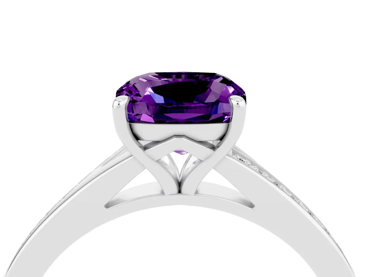Cushion Cut Amethyst Solitaire Ring with Pavé Band and Prong Setting Silver