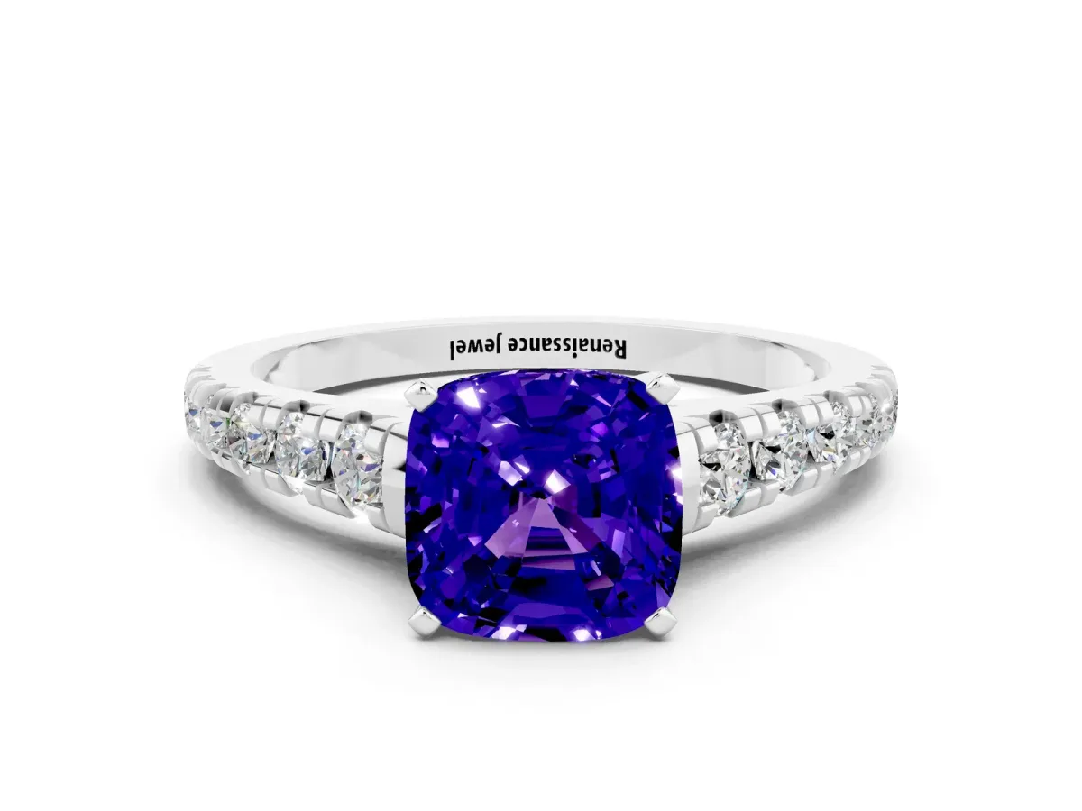 Cushion Cut Tanzanite Cathedral Solitaire Ring with Round Pavé Band Silver