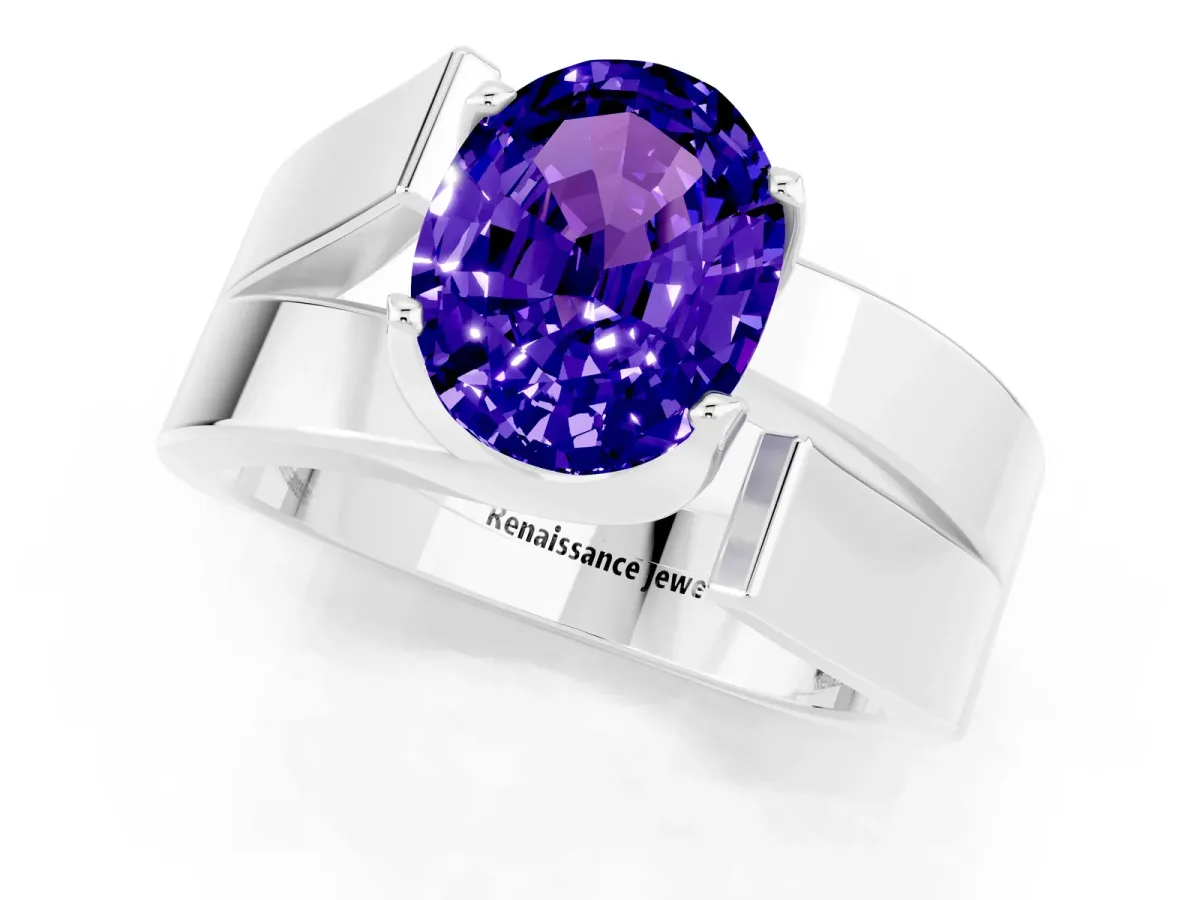 Modern Tension Set Oval Cut Tanzanite Solitaire Wide Band Ring Silver