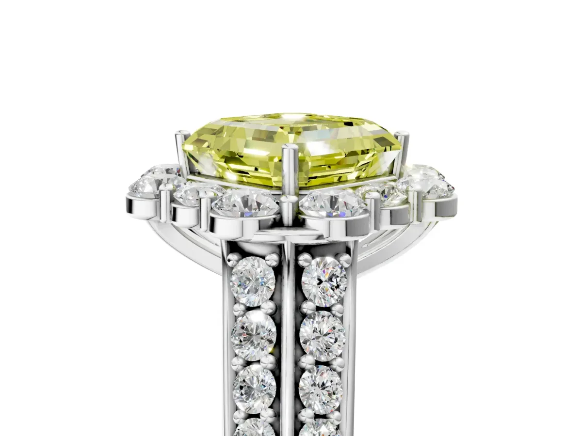 Fancy Yellow Asscher Cut Halo Diamond Engagement Ring with Split Shank and Prong Setting Platinum