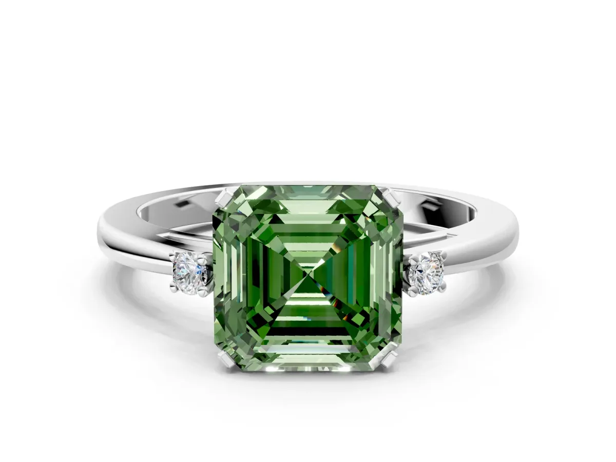 Fancy Green Asscher Cut Cut Three-Stone Solitaire Ring with Round Accent Diamonds and Four-Prong Setting Platinum