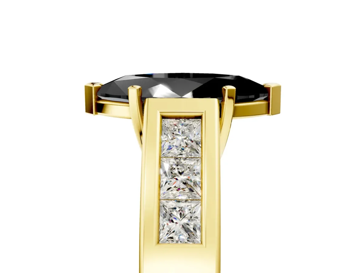 Fancy Black Marquise Cut Cut Channel Set Solitaire Ring with Four-Prong Setting Yellow gold