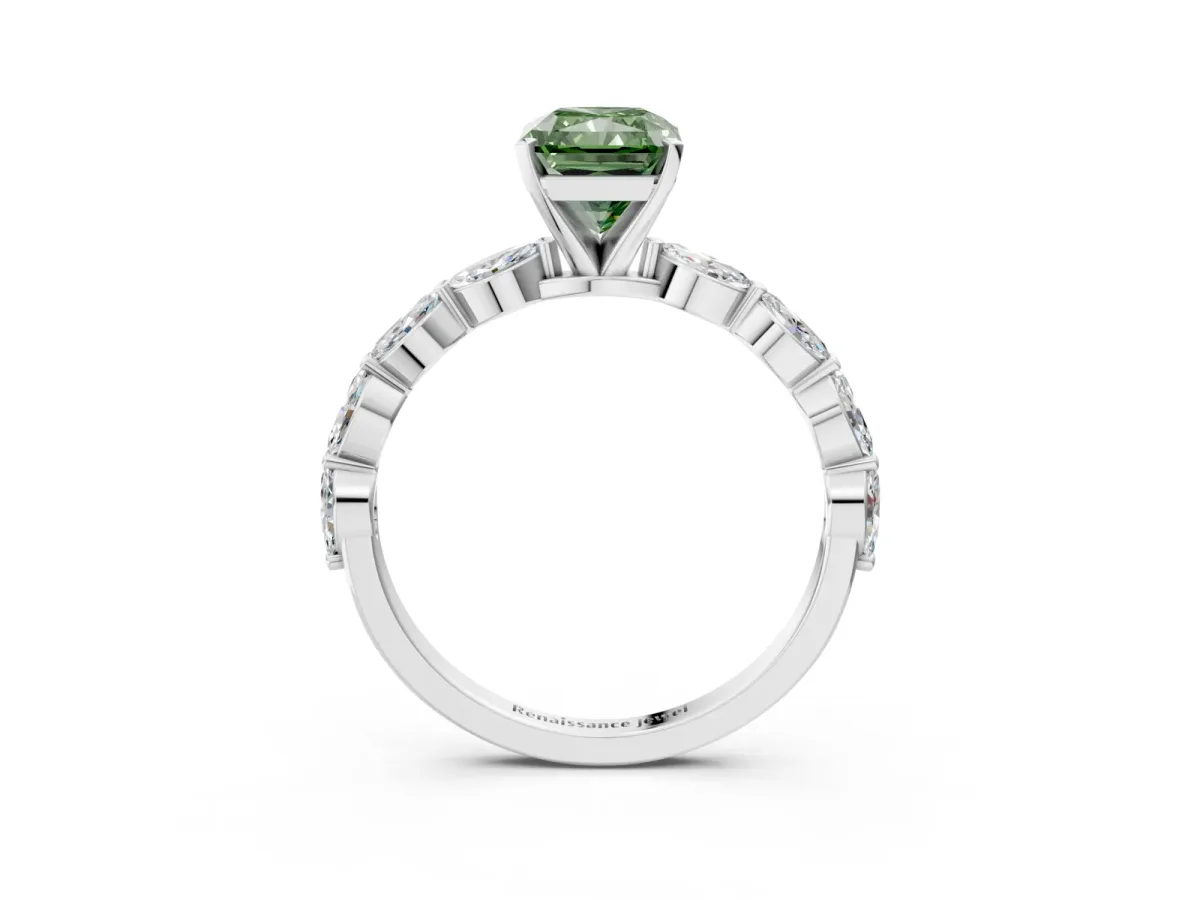 Fancy Green Radiant Cut Diamond Ring with Marquise Side Stones and Prong Setting Platinum