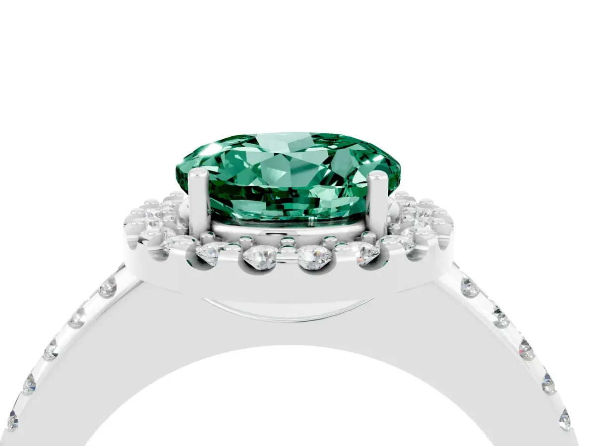 Round Cut Green Sapphire Pavé Halo Ring with Four-Prong Setting Platinum