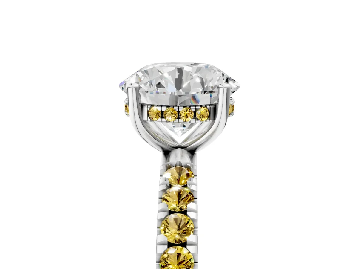 Round Cut Diamond Pave Band Solitaire Ring with Round Yellow Sapphire and Prong Setting Silver