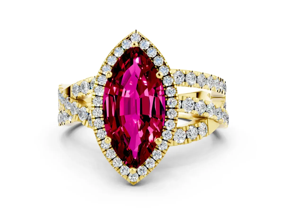 Marquise Cut Garnet Halo Ring with Round Split Shank and Prong Setting Yellow gold