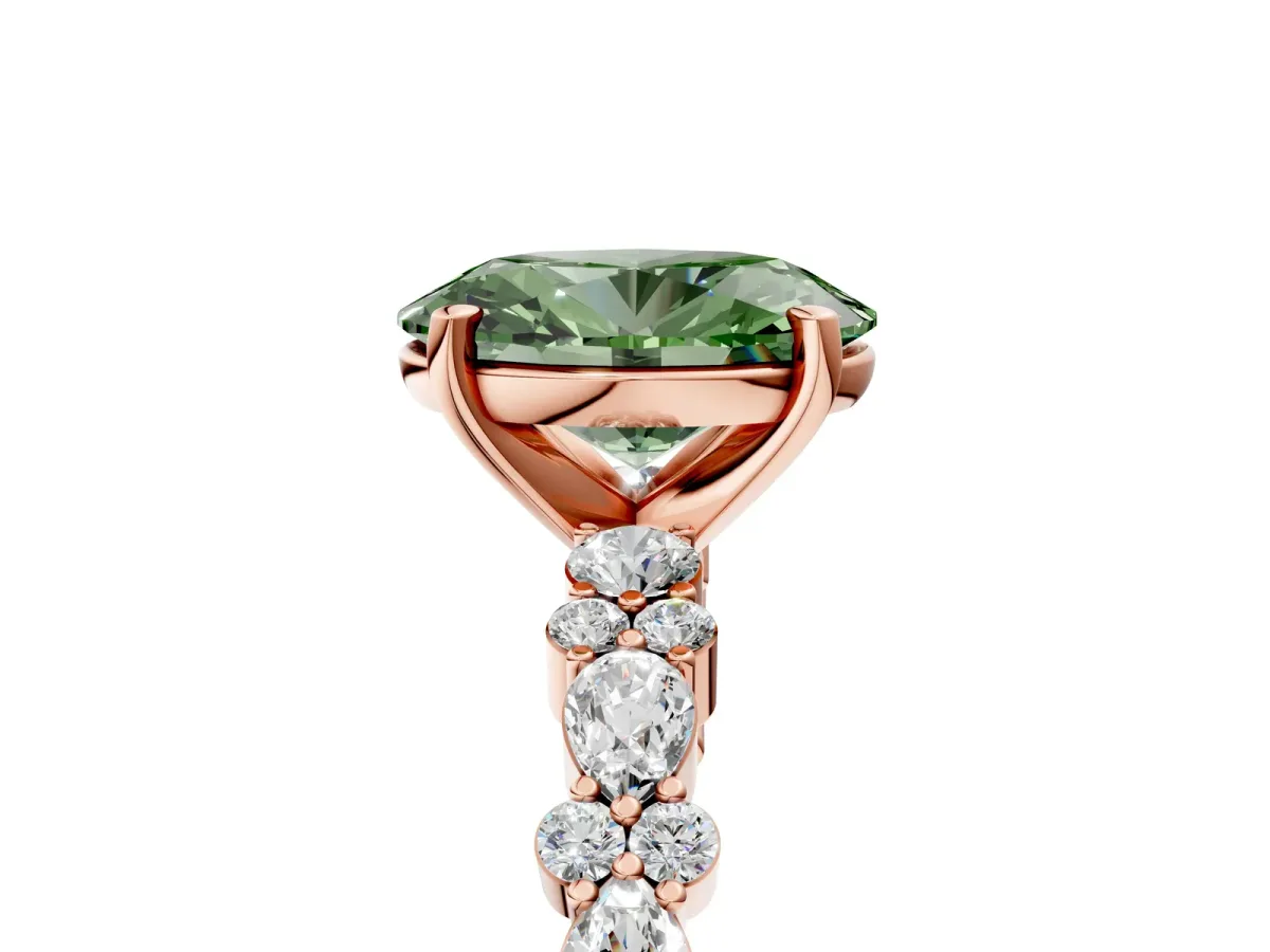 Fancy Green Oval Cut Diamond Side Stone Solitaire Ring with Round and Four-Prong Setting Rose gold