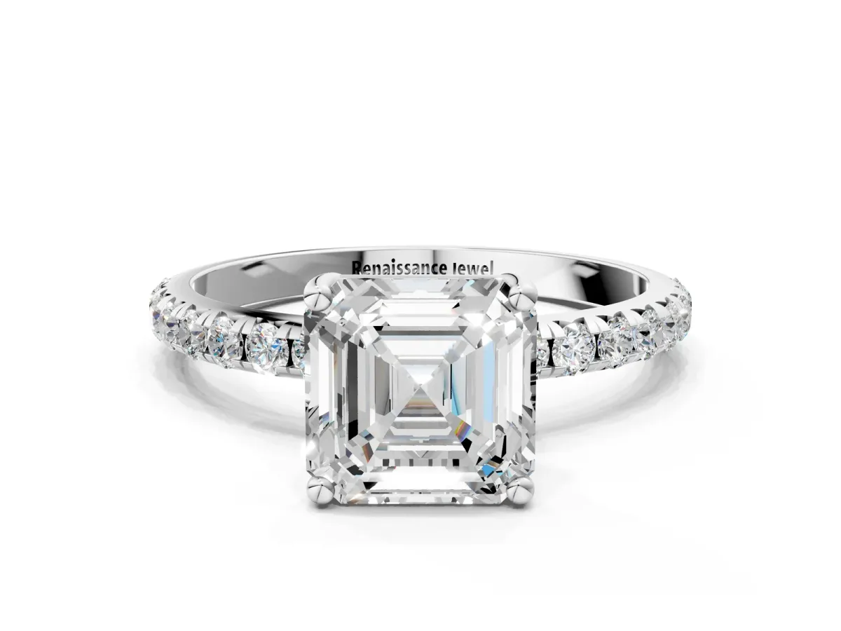 Asscher Cut Cut Diamond Solitaire Ring with Micro Pave Band and Four Prong Setting Platinum