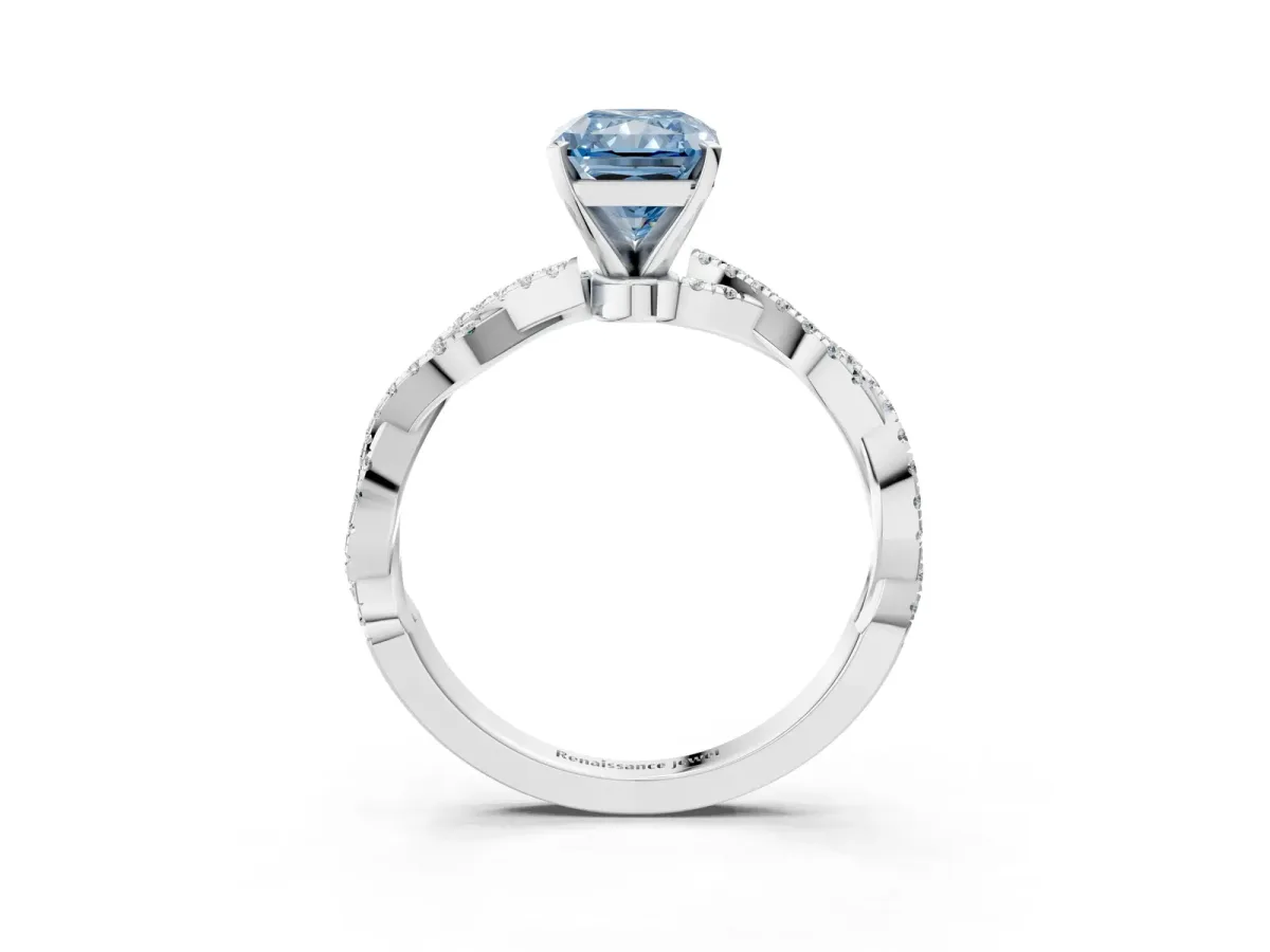 Fancy Blue Radiant Cut Solitaire Twisted Pave Band with Four-Prong Setting Platinum