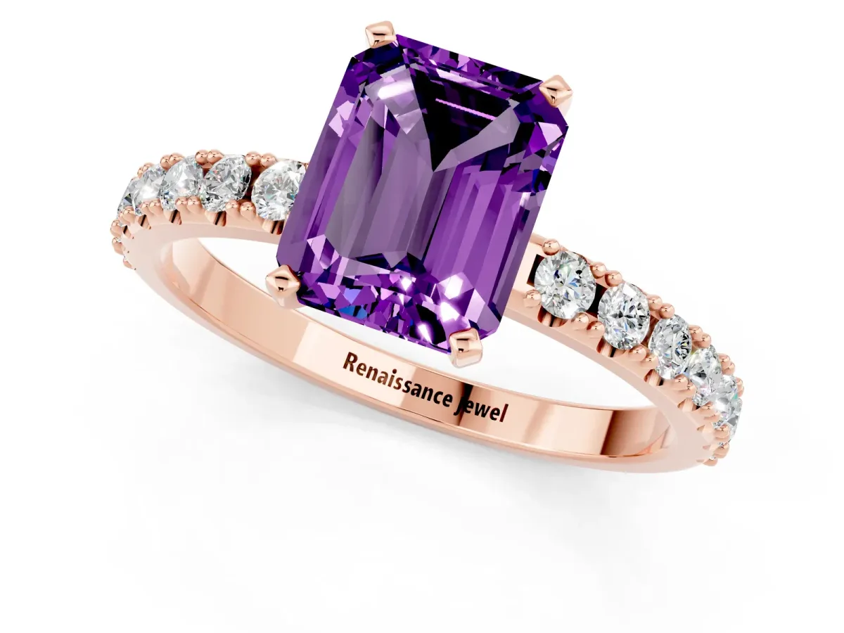 Emerald Cut Amethyst Solitaire Pavé Band with Four-Prong Setting Rose gold