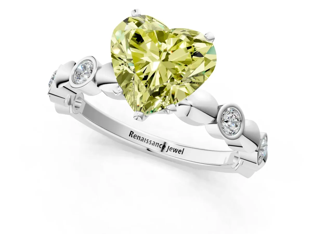 Fancy Yellow Heart Cut Solitaire Bezel-Set Diamond Ring with Beaded Band and Four-Prong Setting Silver