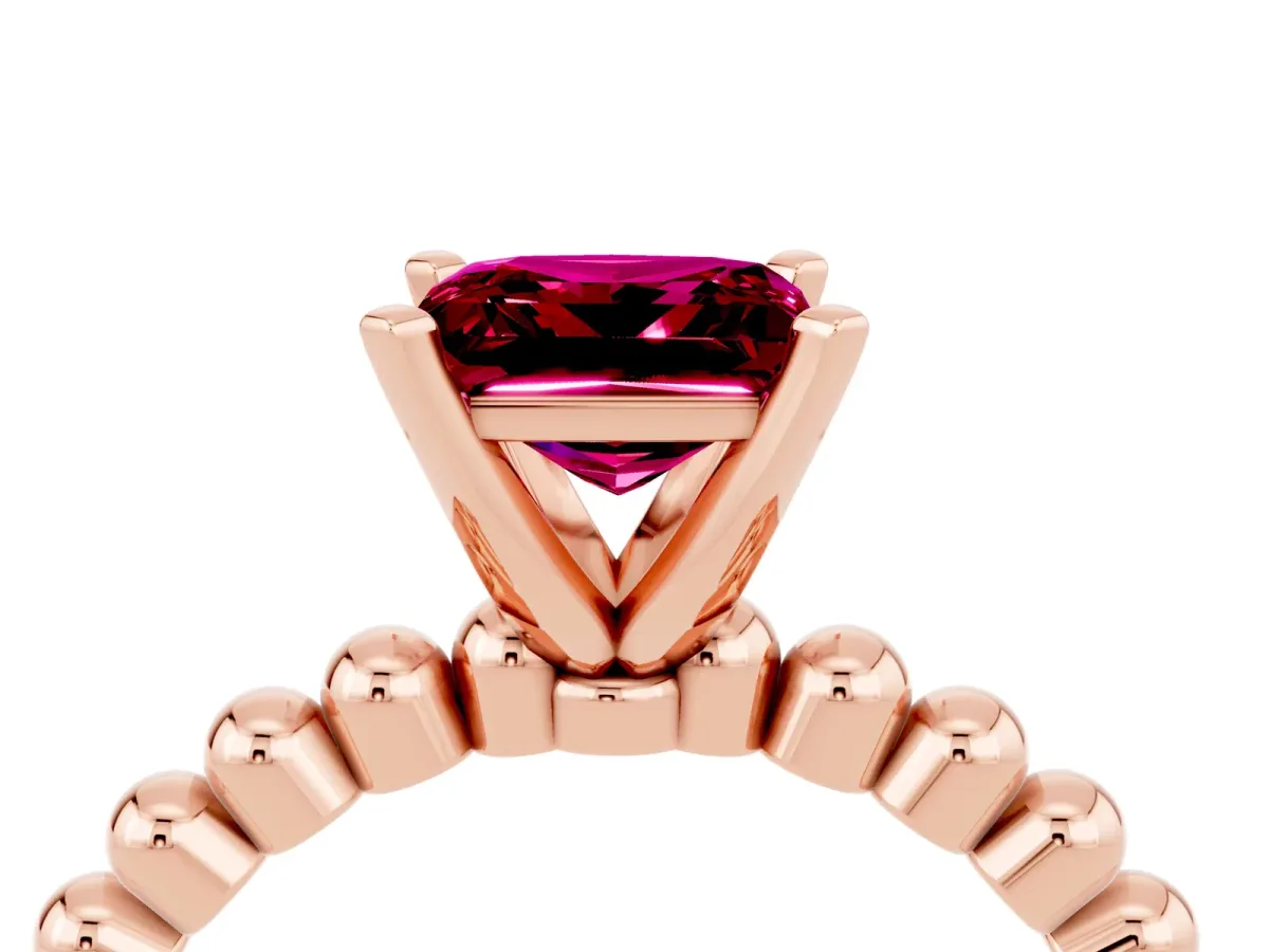 Princess Cut Garnet Solitaire Ring with Beaded Band and Prong Setting Rose gold