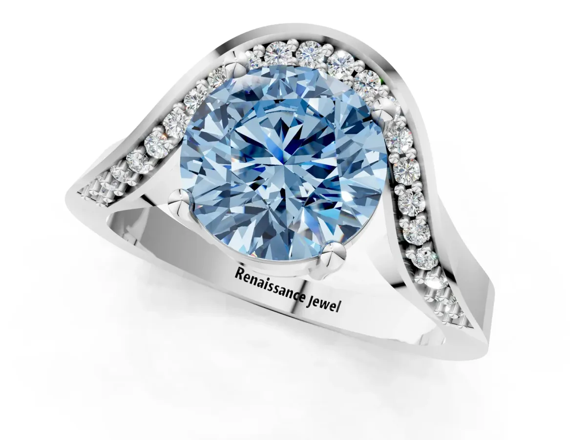 Fancy Blue Round Cut Solitaire Diamond Engagement Ring with Pave Band and Four-Prong Setting Platinum