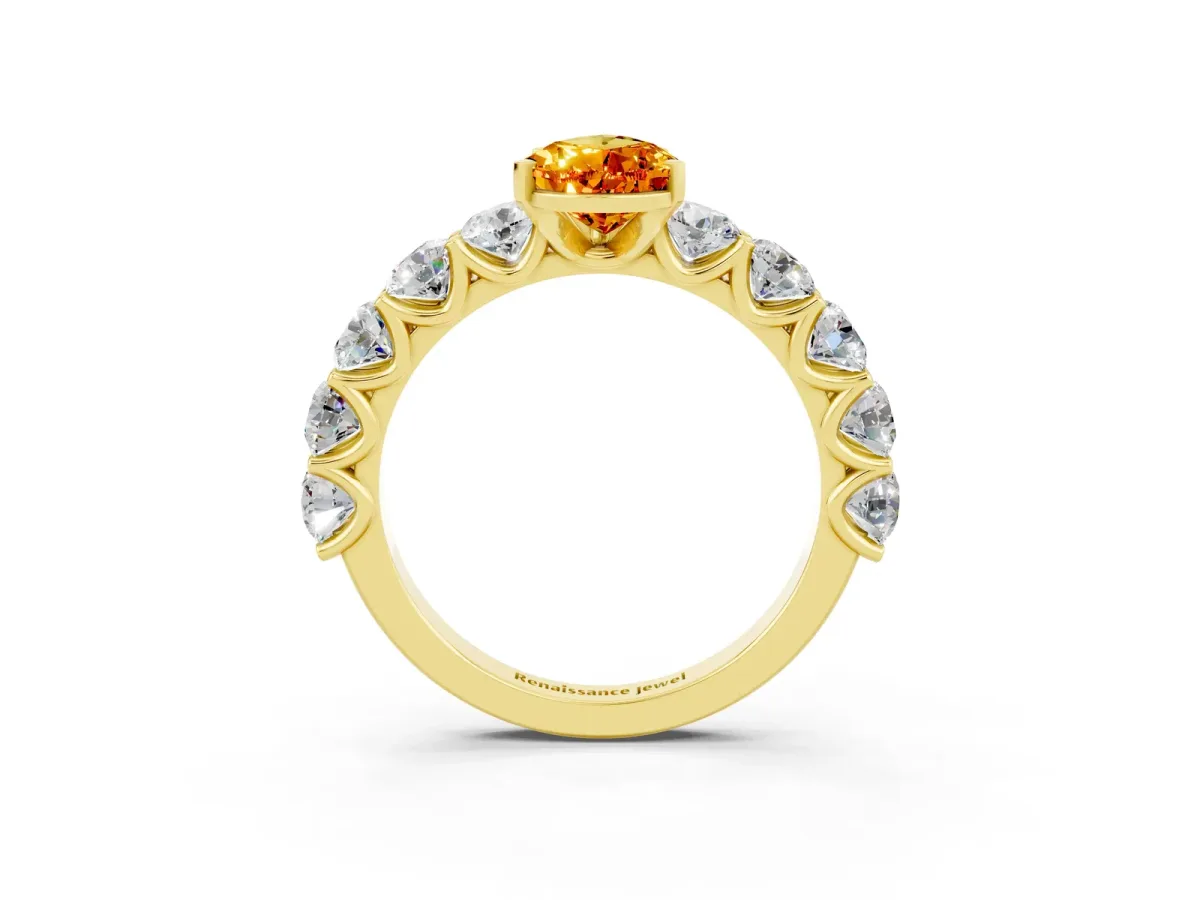 Pear Cut Citrine Prong Setting with Side Stones on a Pave Band Yellow gold