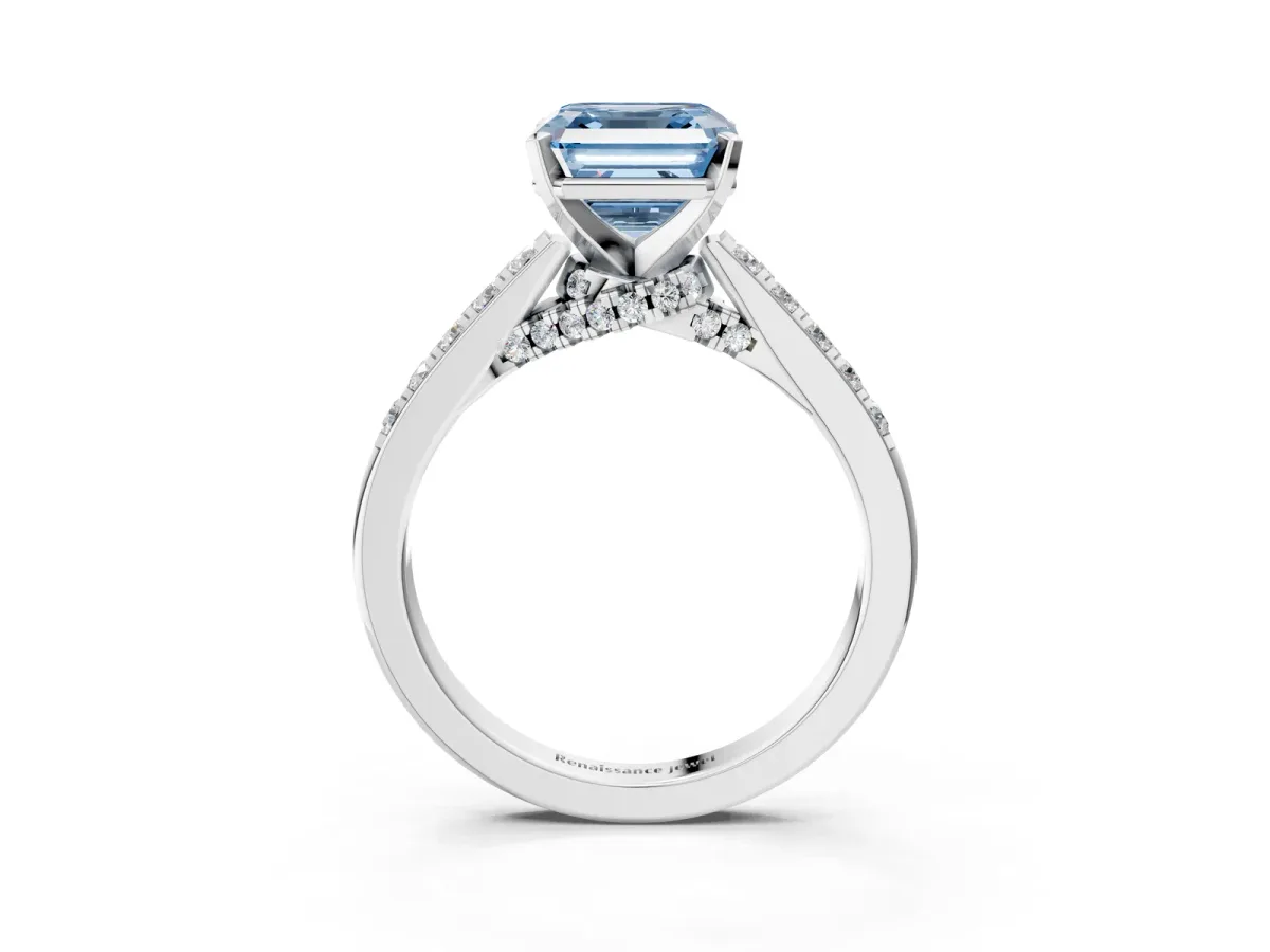 Fancy Blue Asscher Cut Diamond Solitaire Ring with Crossover Gallery and Round Pavé Band Silver