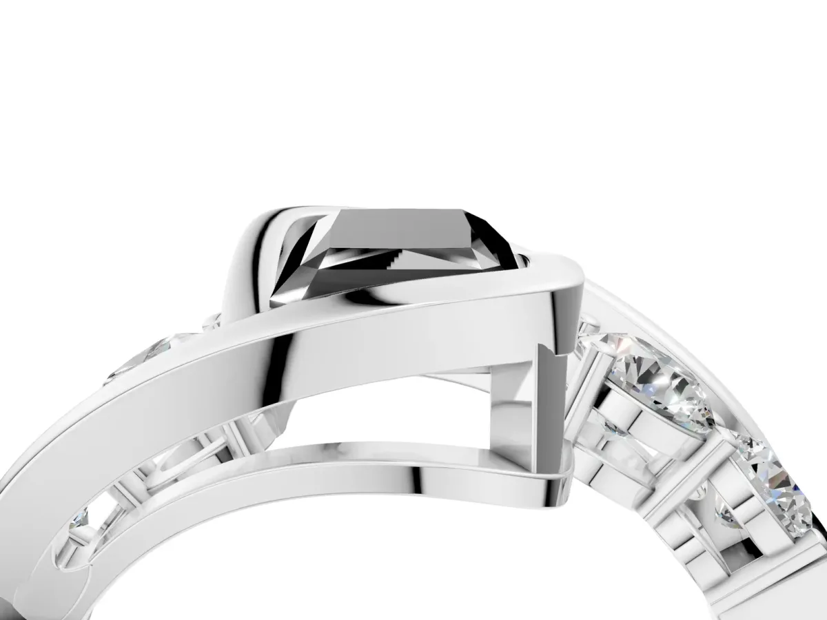 Fancy Black Bezel Set Radiant Cut Diamond Bypass Ring with Round Accents Silver