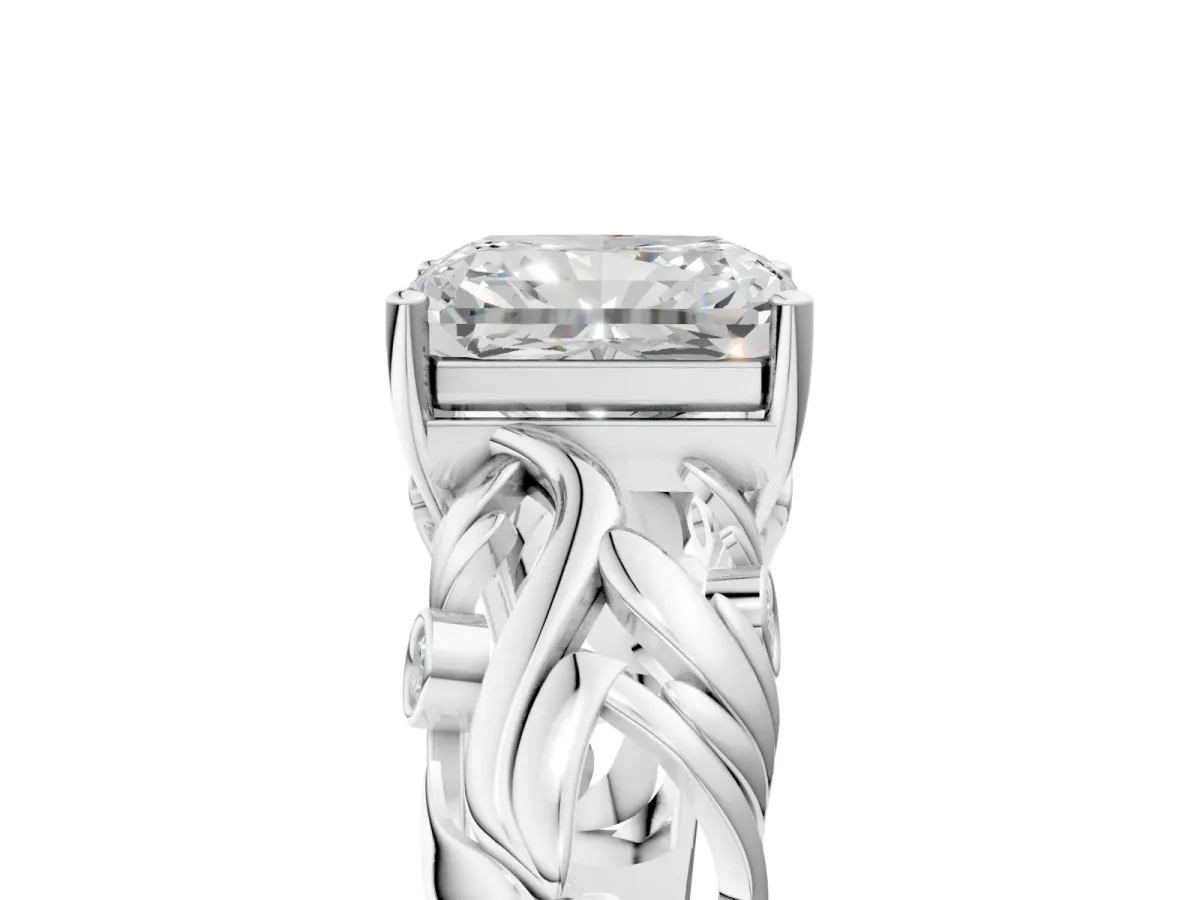 Radiant Cut Solitaire Diamond Leaf-Inspired Vine Band Ring with Prong Setting Platinum