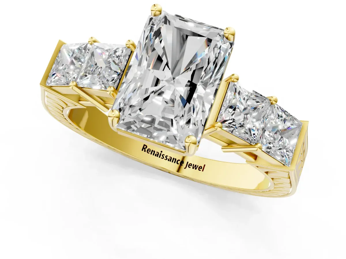 Radiant Cut Solitaire Princess Side Stone Engraved Band Prong Setting Ring Yellow gold