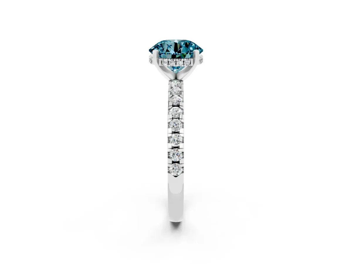 Round Cut Blue Topaz Solitaire Ring with Round Pavé Band and Four-Prong Setting Silver