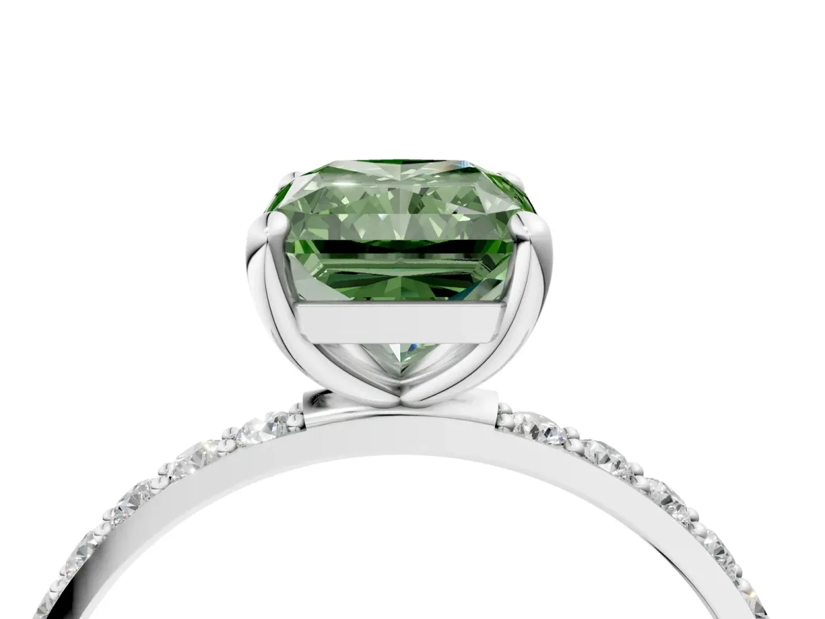 Fancy Green Radiant Cut Diamond Solitaire Ring with Round Pavé Band and Prong Setting Silver