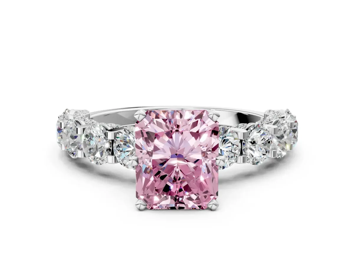 Fancy Pink Radiant Cut Diamond Side Stone Engagement Ring with Four-Prong Setting Silver