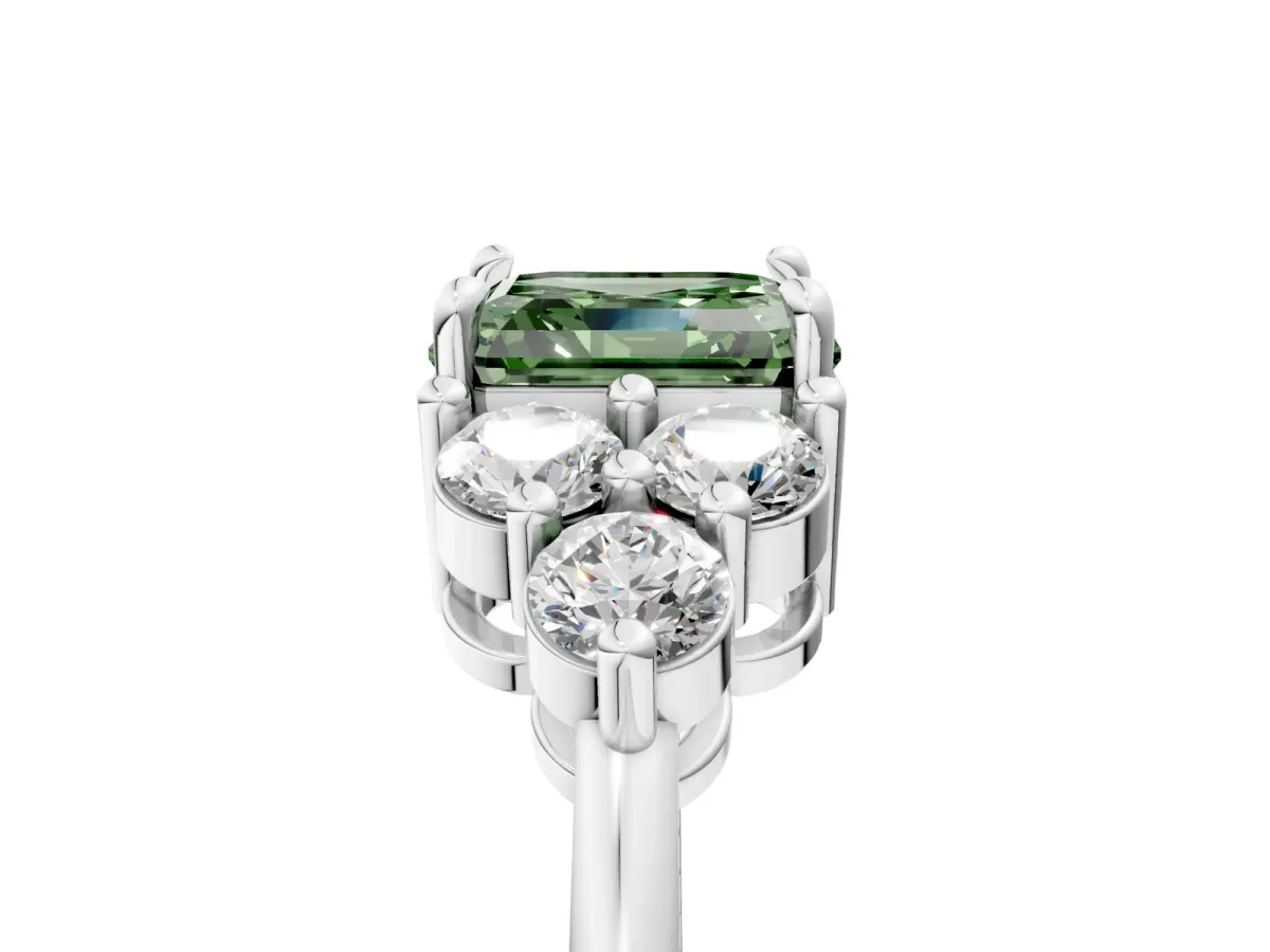 Fancy Green Asscher Cut Brilliant Diamond Cluster Accent Solitaire Ring with Prong Setting Platinum