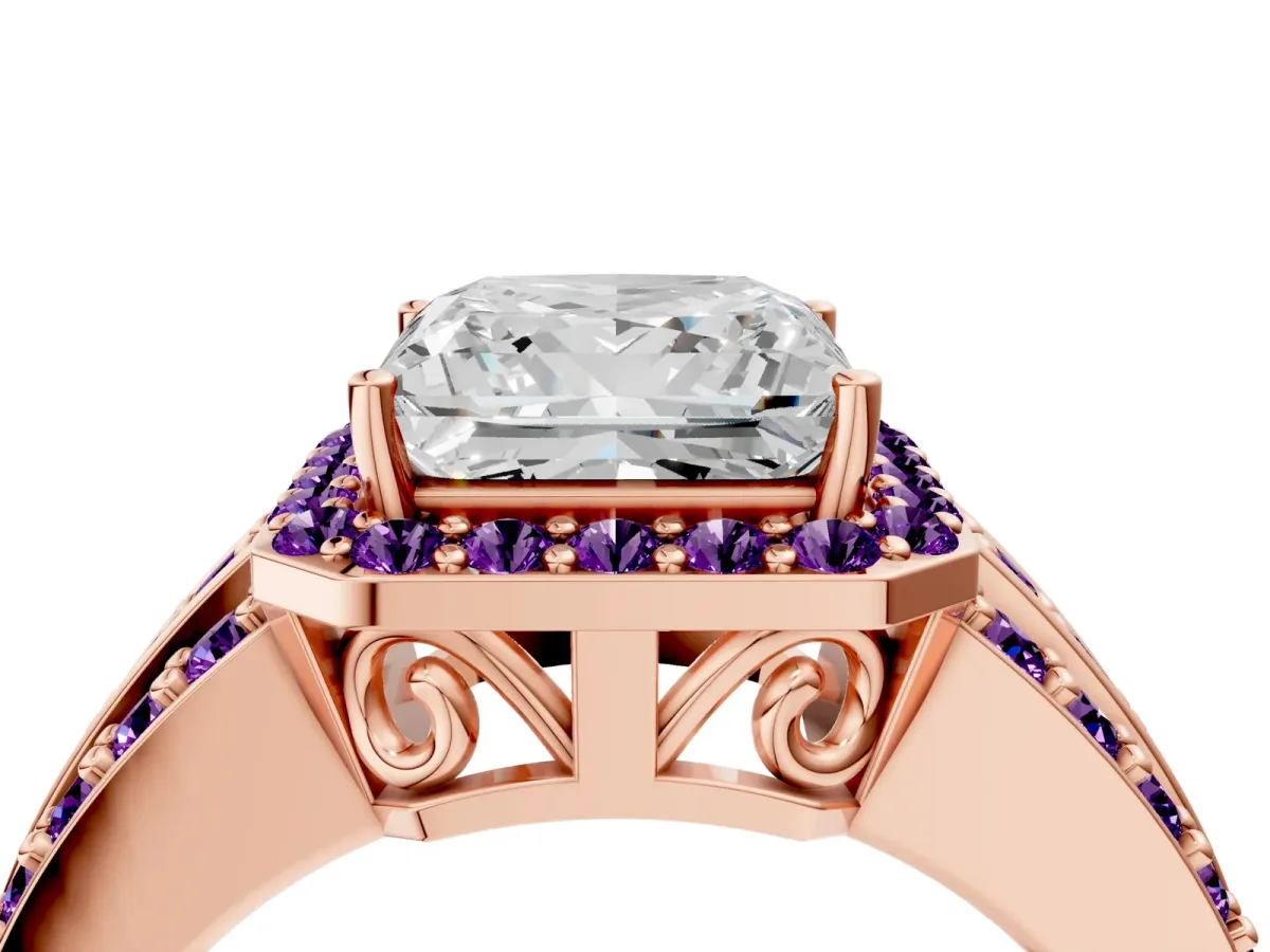 Princess Cut Halo Diamond Ring with Round Amethyst Split Shank and Prong Setting Rose gold