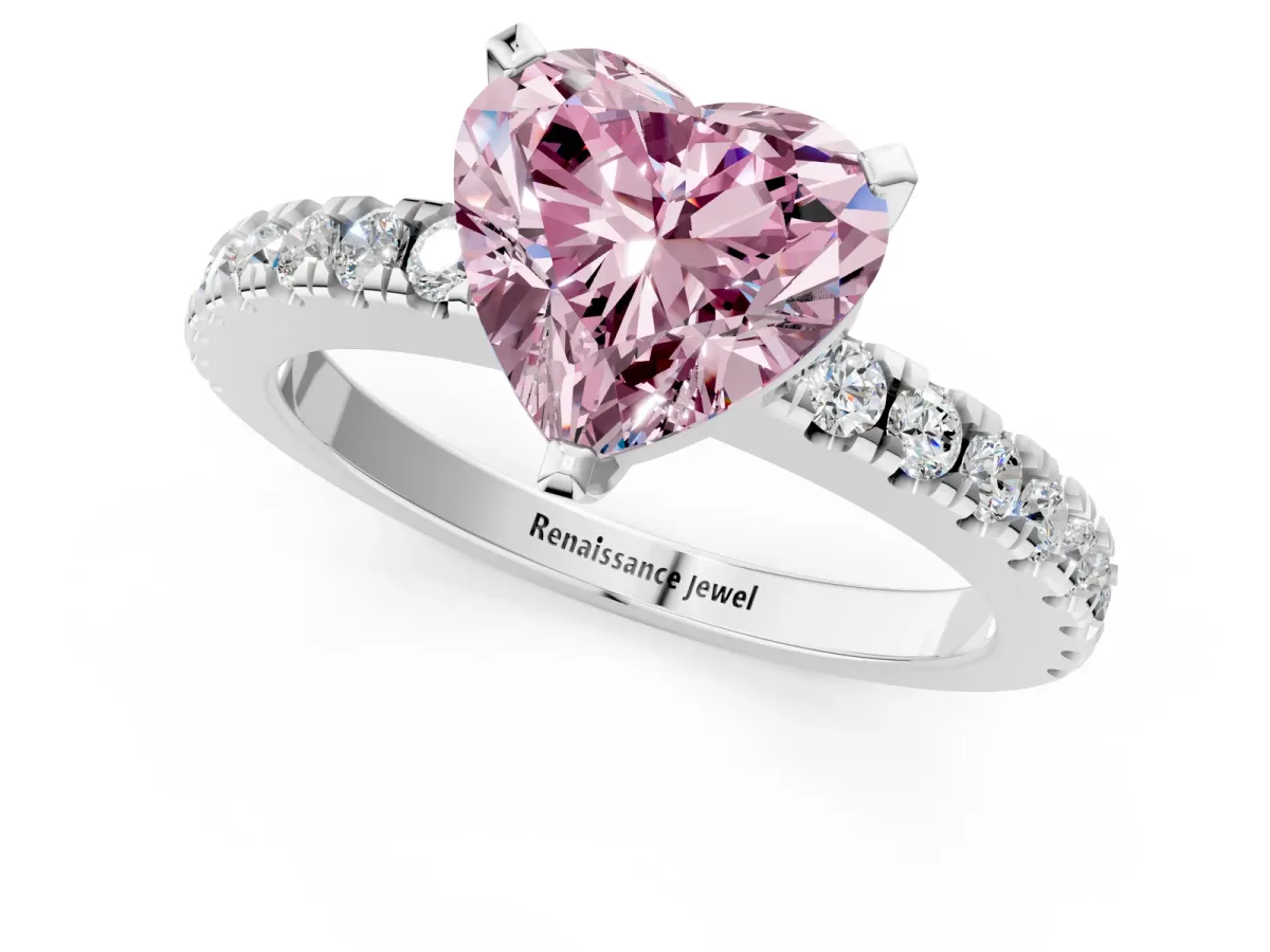 Fancy Pink Heart Cut Solitaire Diamond with Pavé Band and Four-Prong Setting Silver