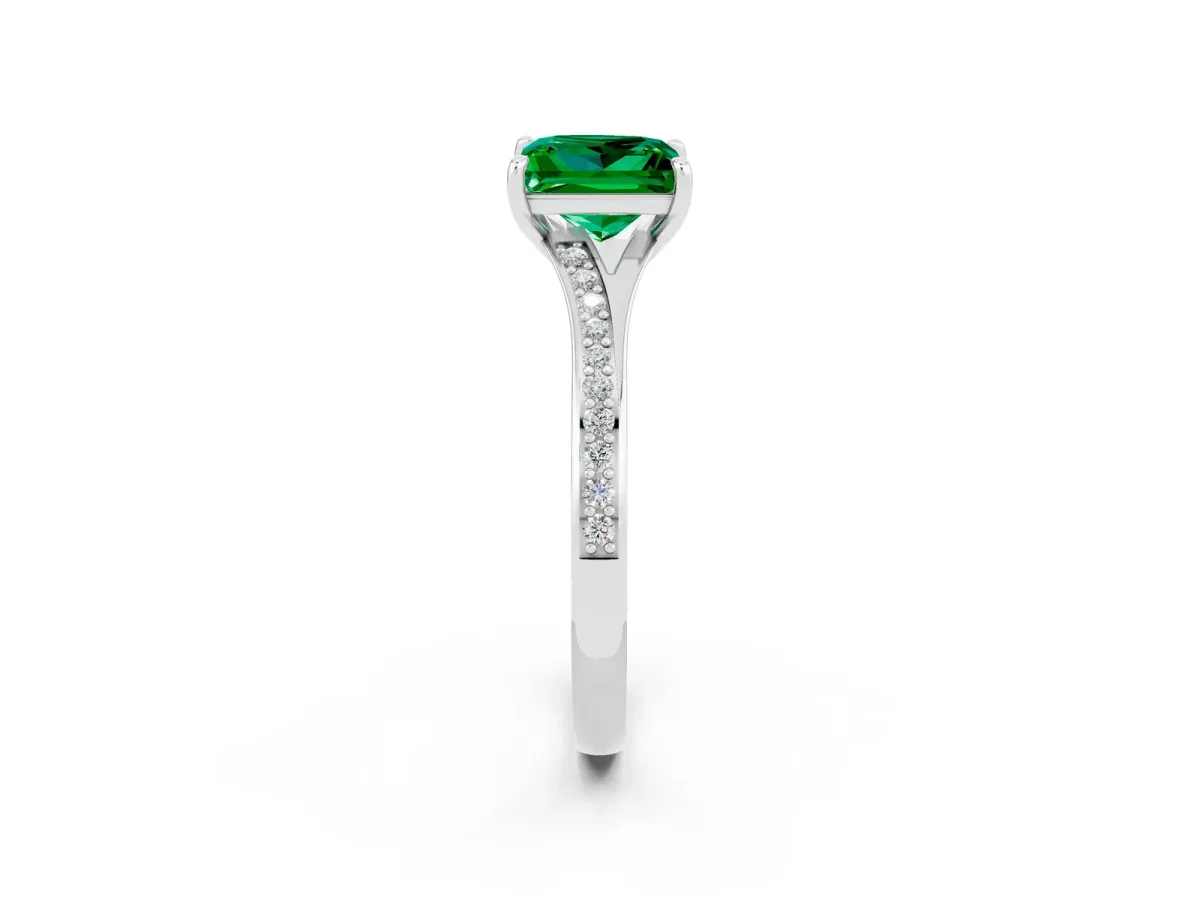 Princess Cut Emerald Solitaire Ring with Pavé Band and Prong Setting Silver