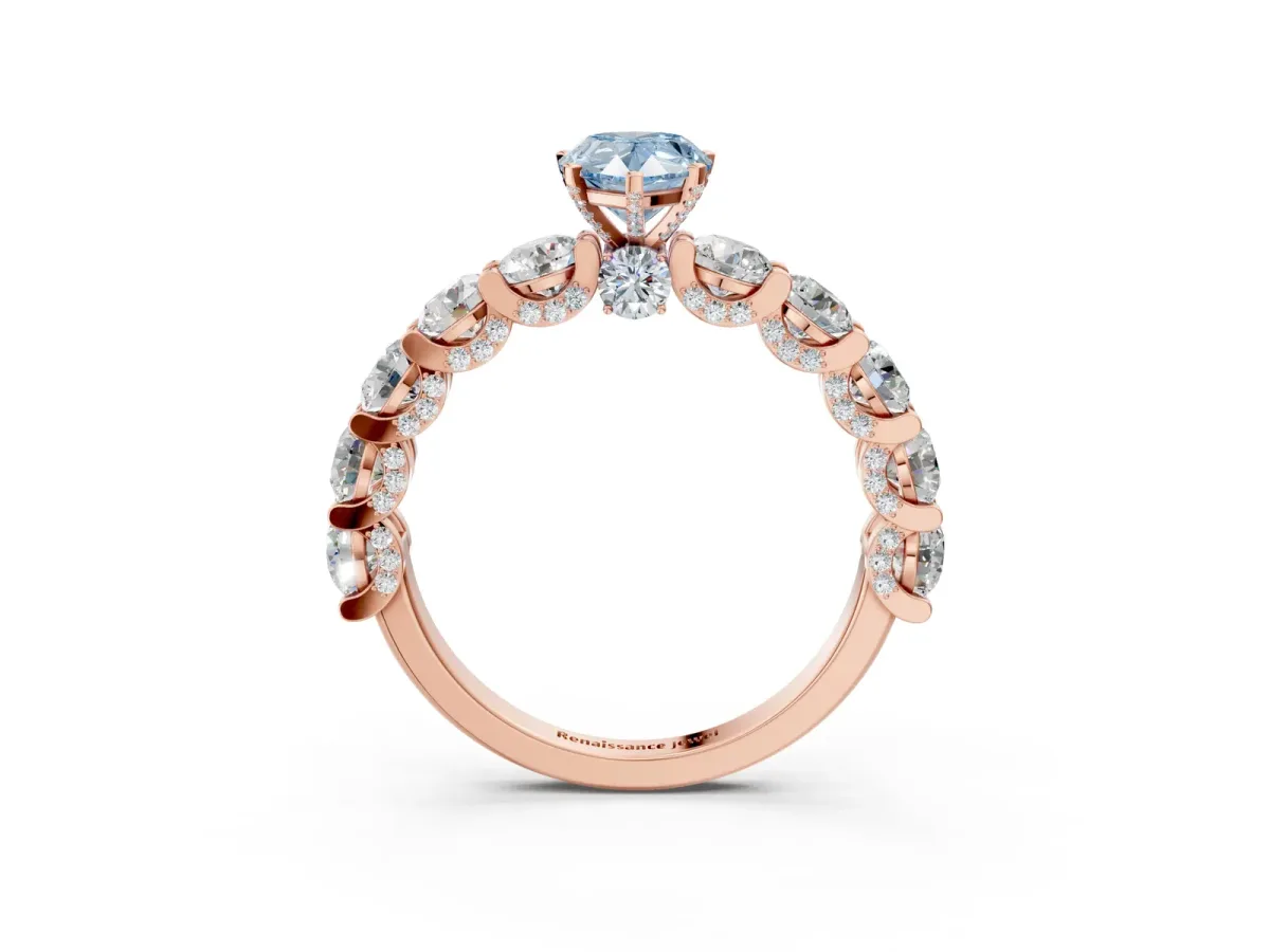 Fancy Blue Pear Cut Diamond Side Stone Engagement Ring with Four-Prong Setting Rose gold