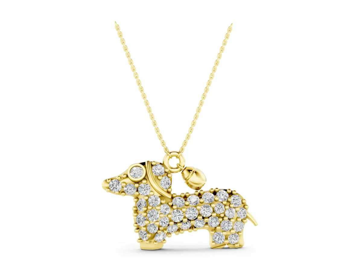 Pavé Round Diamond Prong-Set Dachshund Pendant Yellow gold