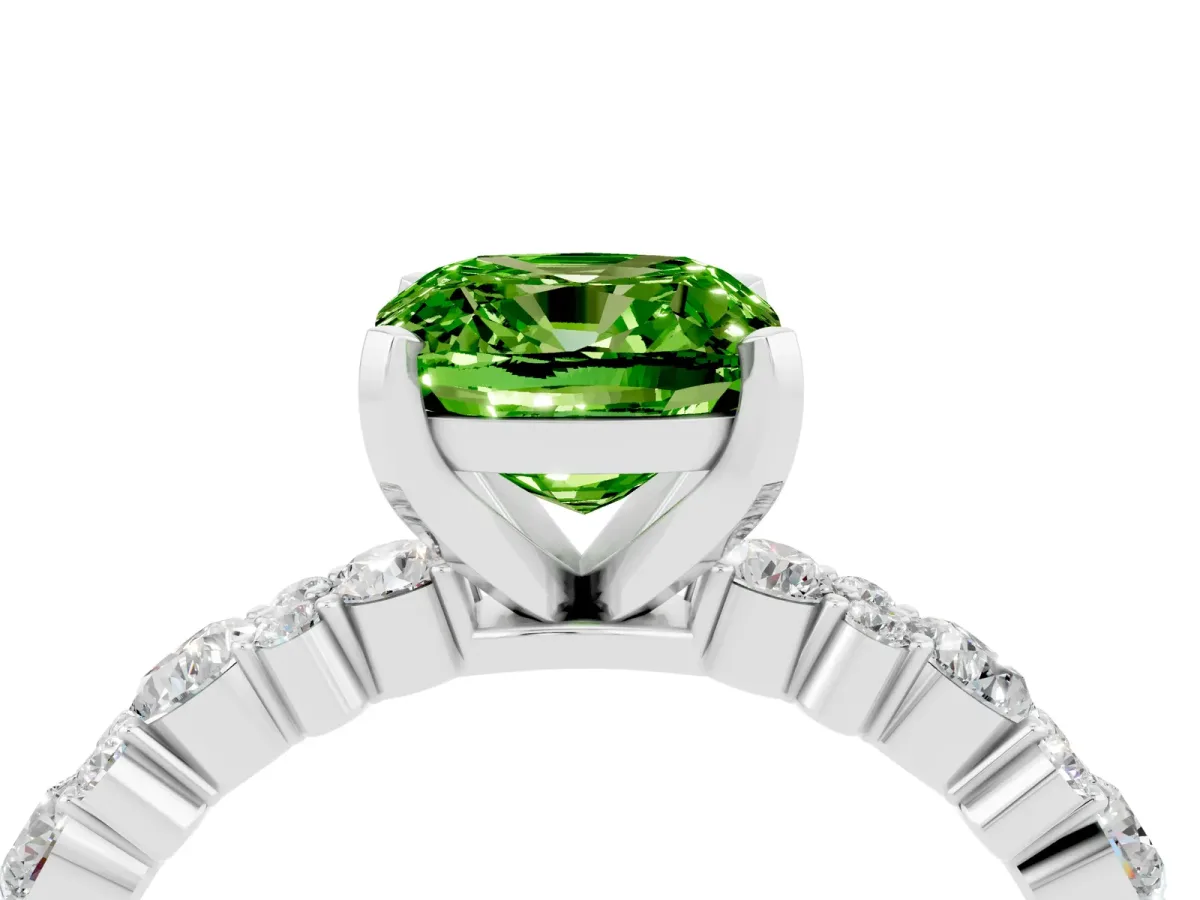 Cushion Cut Peridot Side Stone Solitaire Ring with Round and Four-Prong Setting White gold